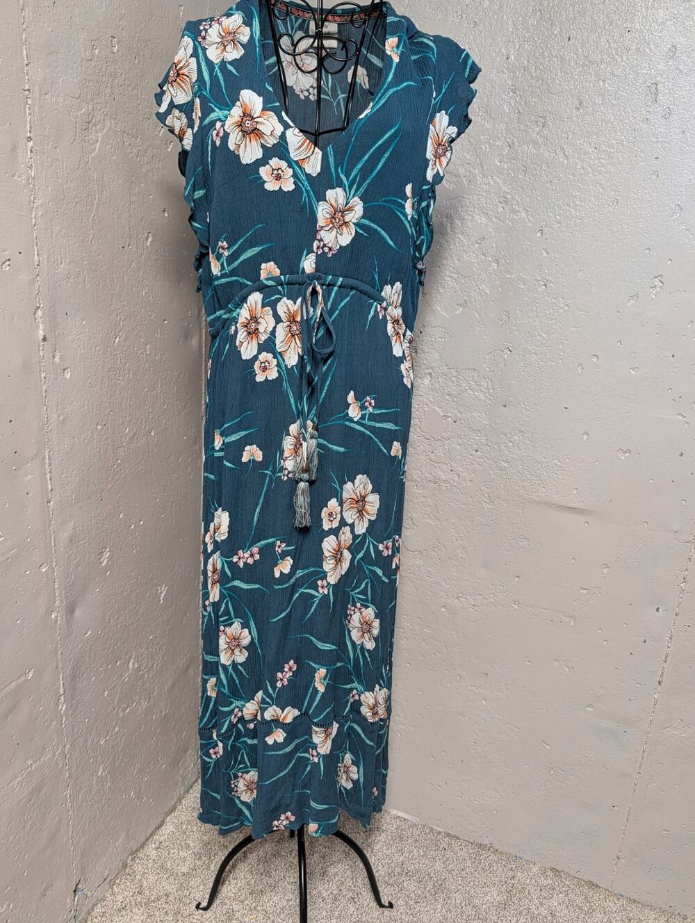Knox Rose Teal Floral Boho Maxi Dress Flutter Sleeve Large